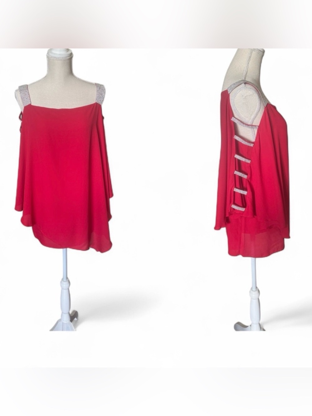 BLING IS A COLOR Red Off Shoulder Top Embellished Straps Cutout Festive Medium